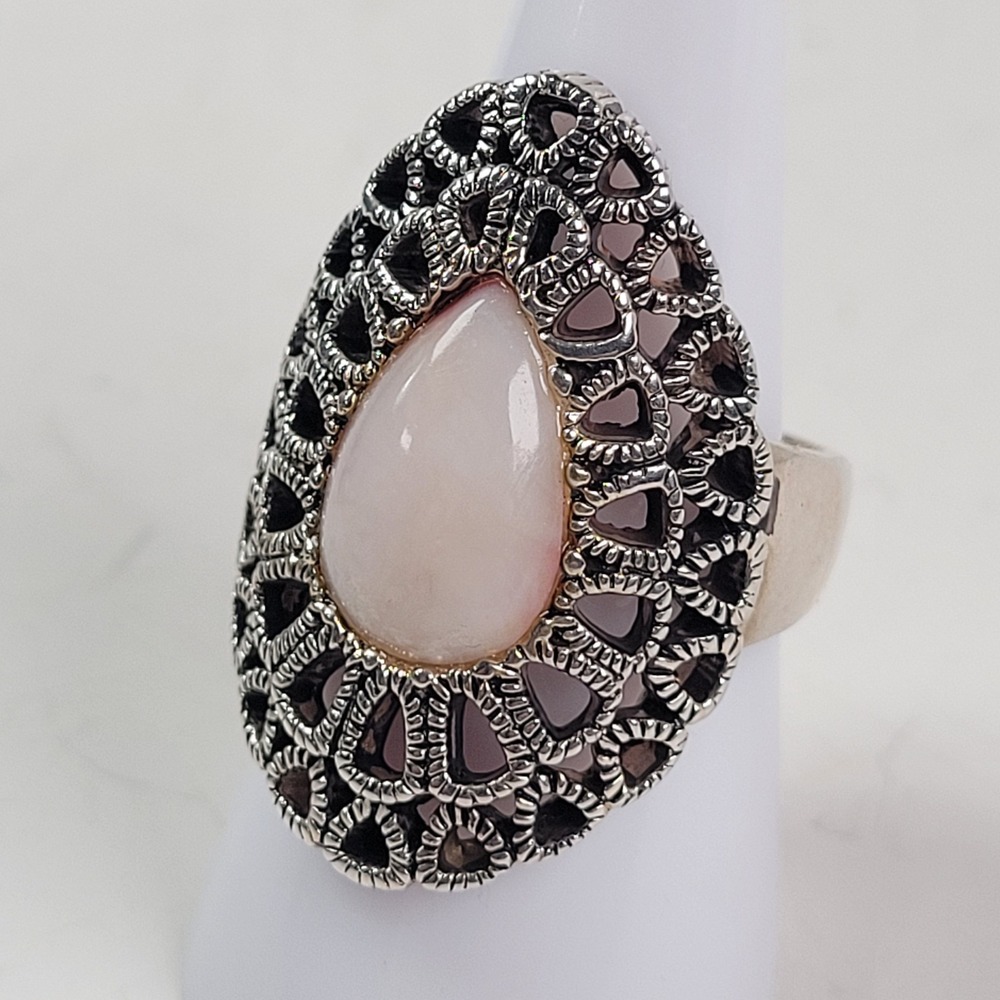 Barse Sterling Silver Filigree Ring Pink Cabochon Thailand Sz 8.5 15g Statement